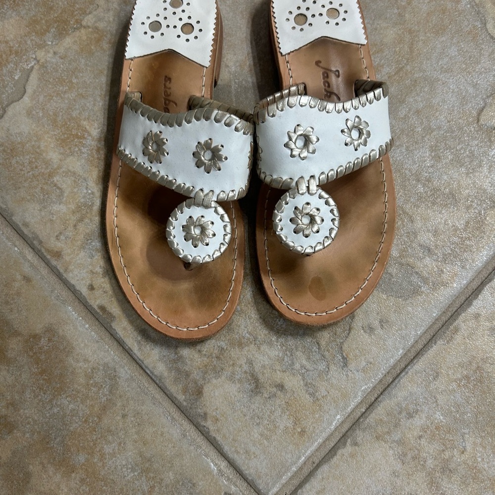 Jack Rogers White Tan Sandals with Floral Embellishments